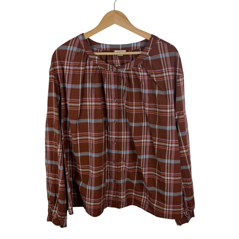 Ana Plaid Button Up Blouse Size 3X Brown Multi Fall Cottagecore Academia Comfy
